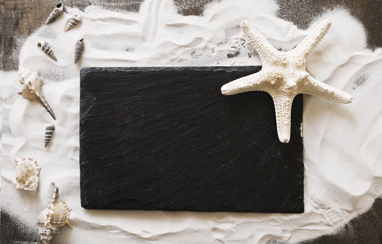 Photo wallpaper sand, stars, shell, summer, wood, sand, marine, starfish