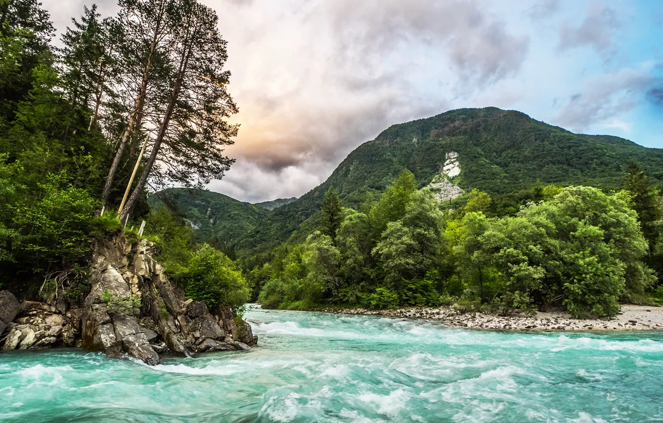 Photo wallpaper forest, clouds, trees, mountains, river, stones, for, Slovenia