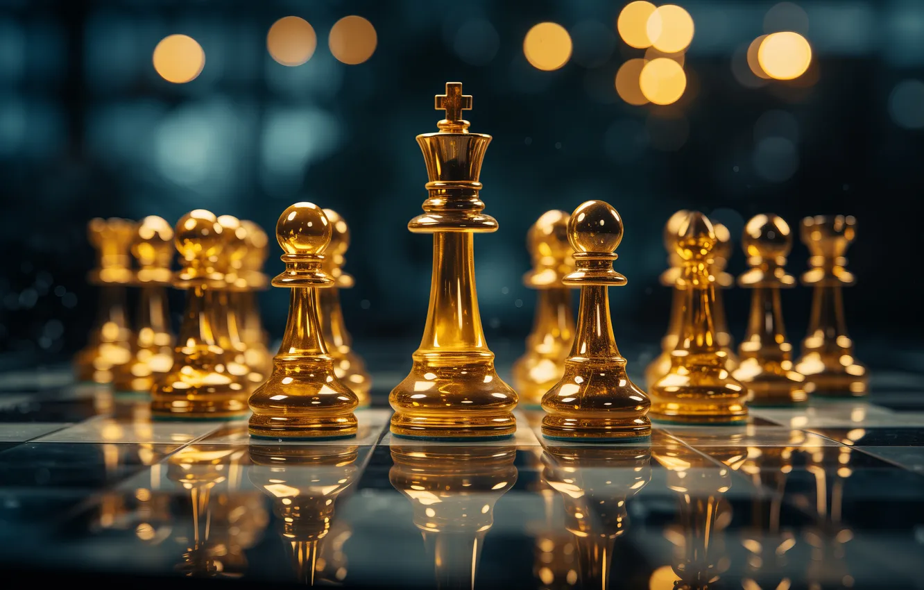 Photo wallpaper light, lights, reflection, lights, Shine, chess, pawn, gold