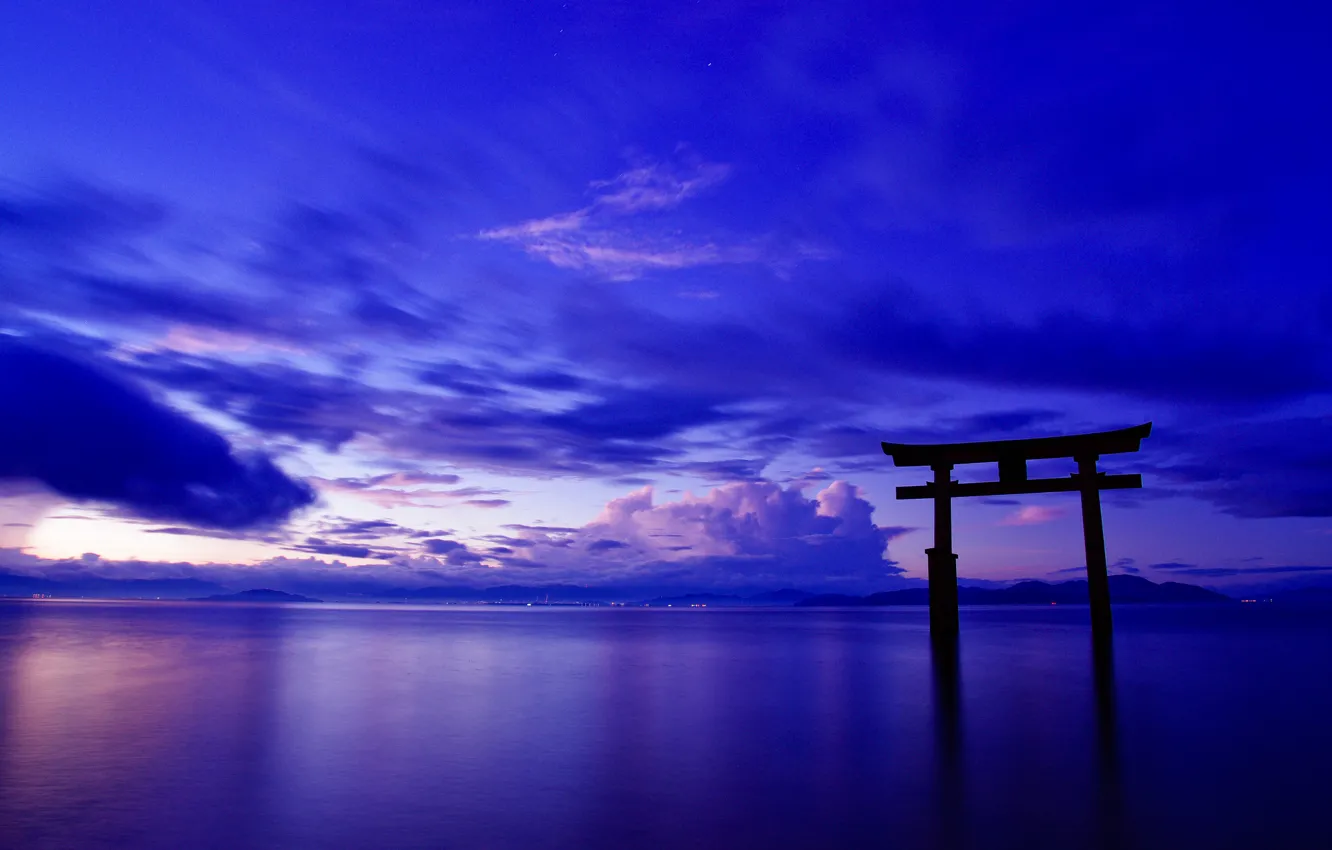 Photo wallpaper the sky, clouds, landscape, the ocean, gate, Japan, Japan, torii