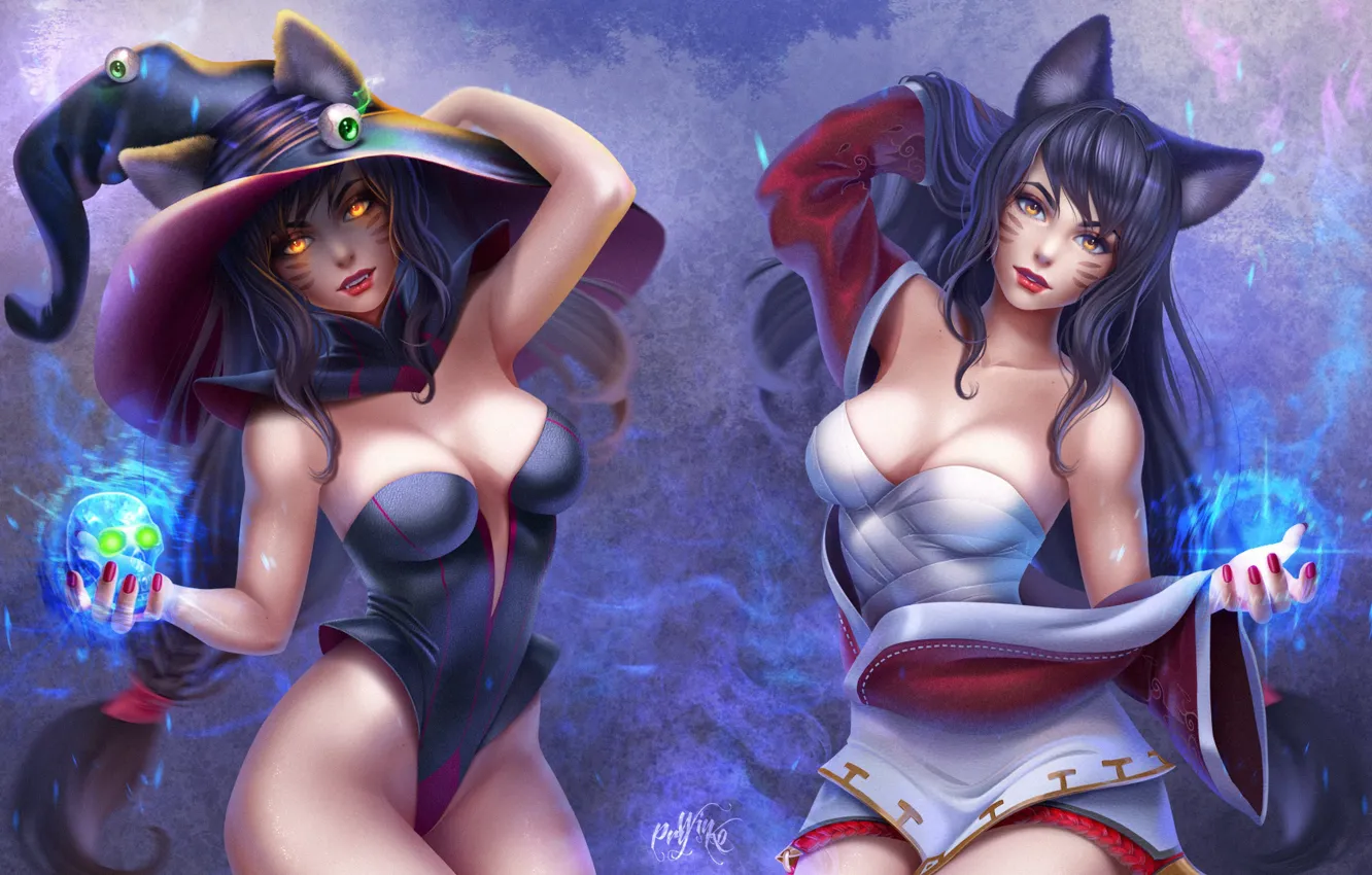 Photo wallpaper girl, eyes, skull, hat, art, halloween, Ahri, league of legend