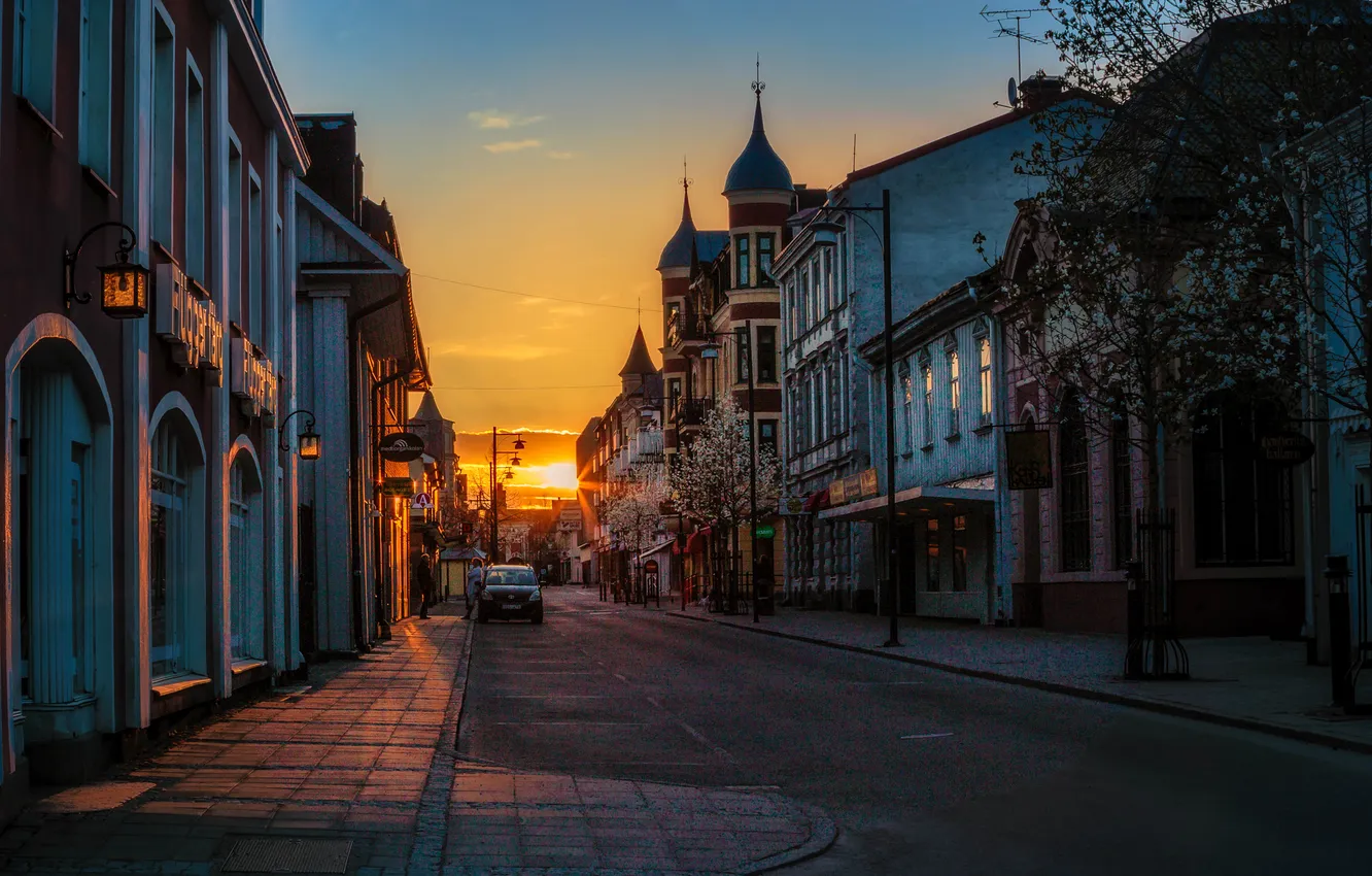 Photo wallpaper road, sunset, street, home, the evening, lights, Sweden, Arvika