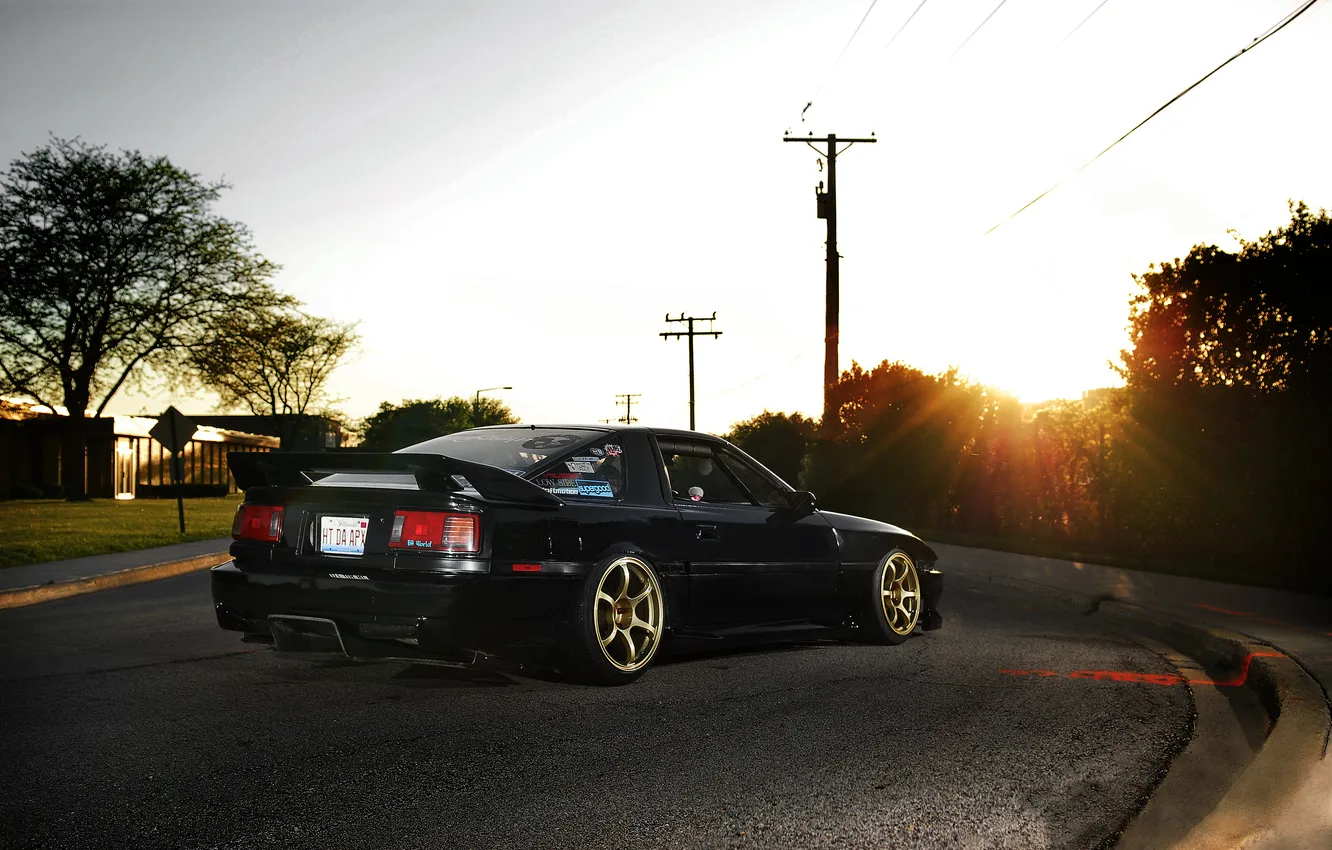 Photo wallpaper the sun, glare, street, tuning, Toyota, black, Supra, Toyota