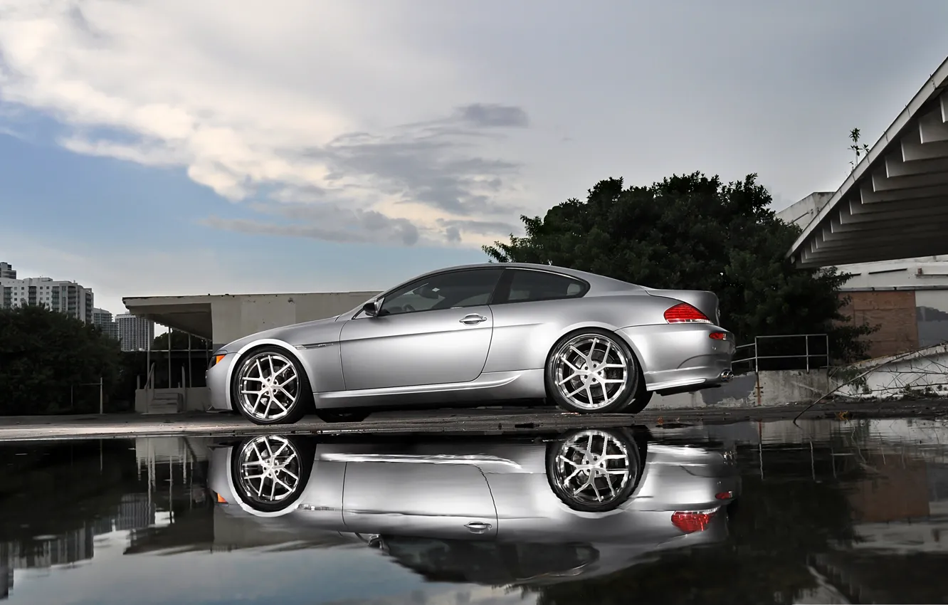 Photo wallpaper reflection, bmw, BMW, silver, puddle, silver, wheels, e63