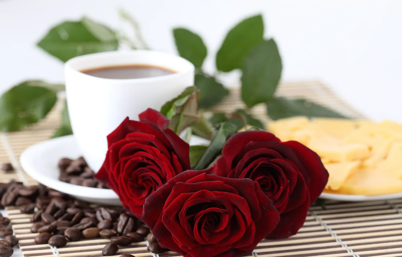 Photo wallpaper red, coffee, roses, grain, cheese, plate, Cup, saucer