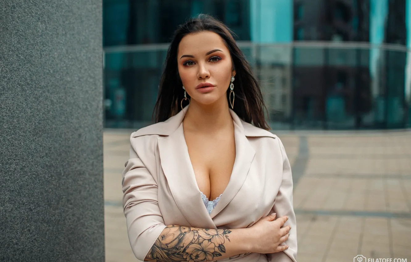 Photo wallpaper model, Outside, Dmitry Filatoff, cleavage, jacket, tattoo, close up