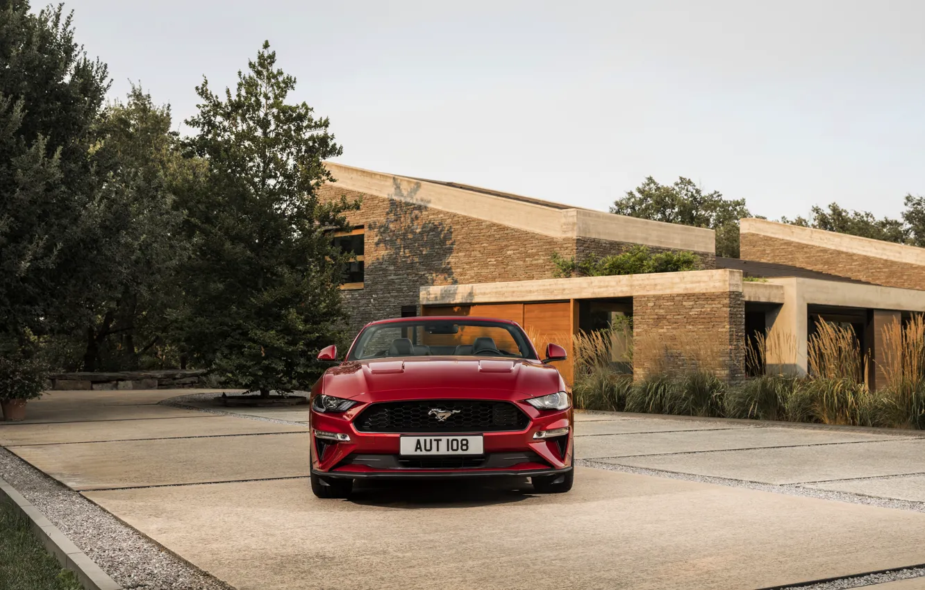 Photo wallpaper Ford, Parking, convertible, front view, 2018, dark red, Mustang Convertible