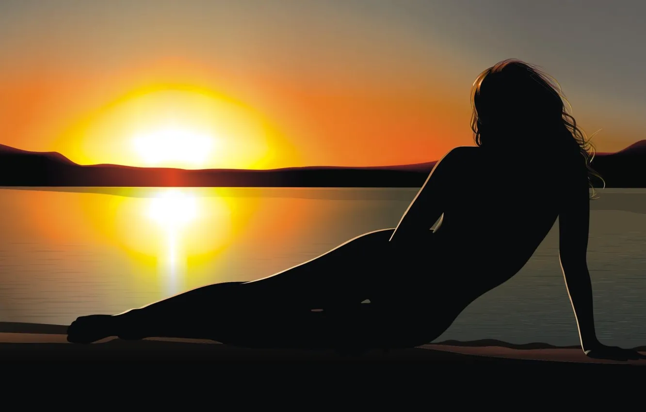 Photo wallpaper sunset, shore, girl