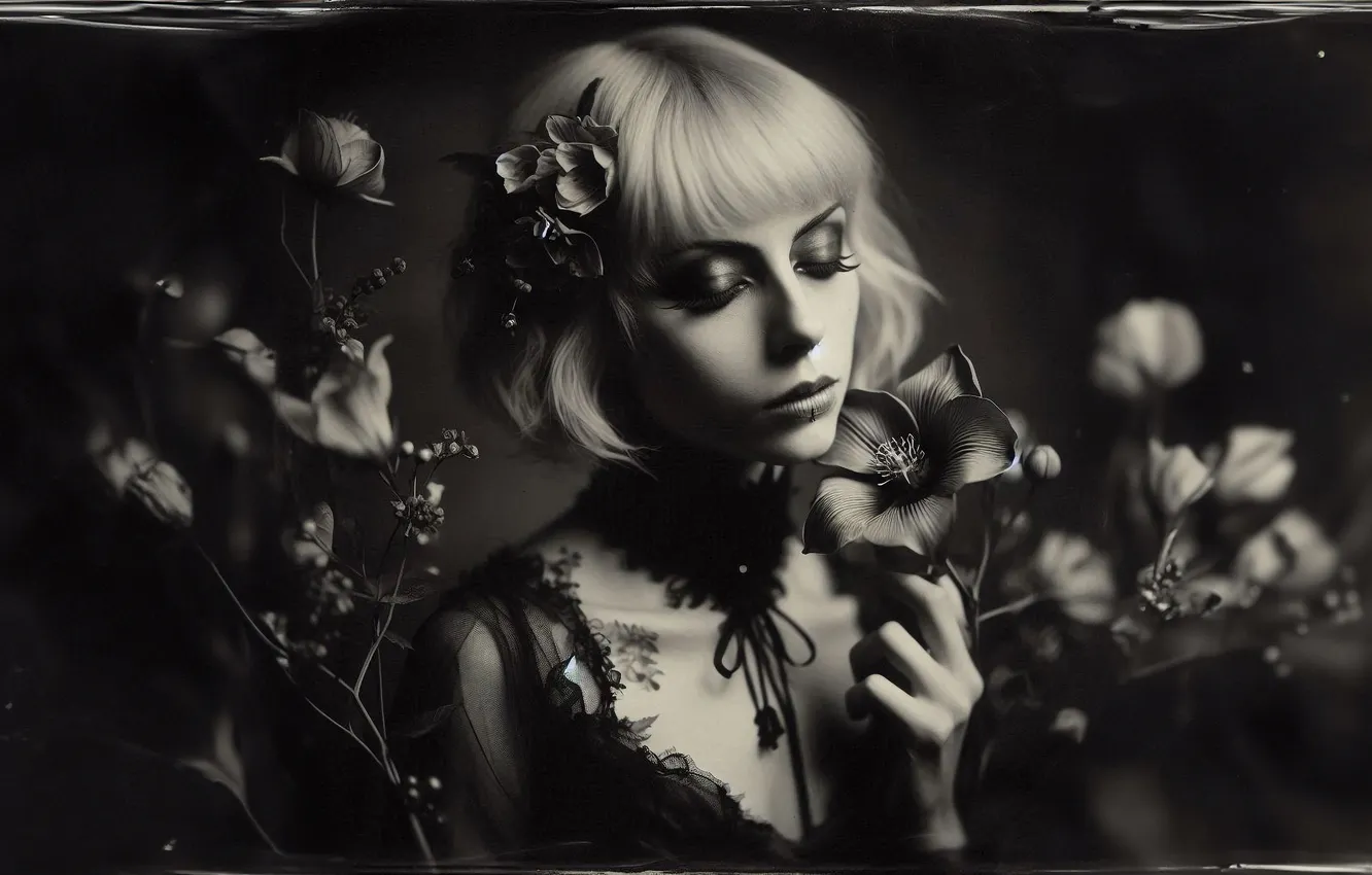 Photo wallpaper girl, light, flowers, eyelashes, retro, photo, blur, frame