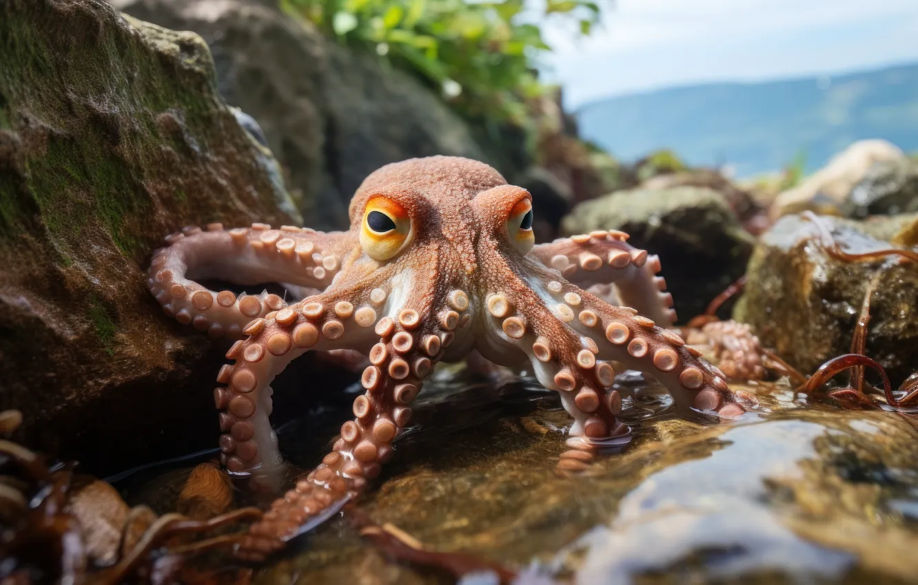 Photo wallpaper sea, look, stones, shore, octopus, tentacles, AI art, neural network