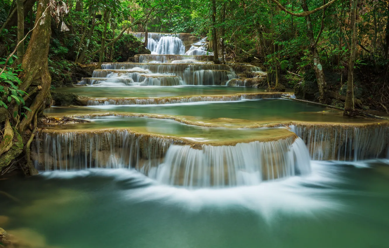 Photo wallpaper forest, landscape, river, rocks, waterfall, summer, forest, tropical