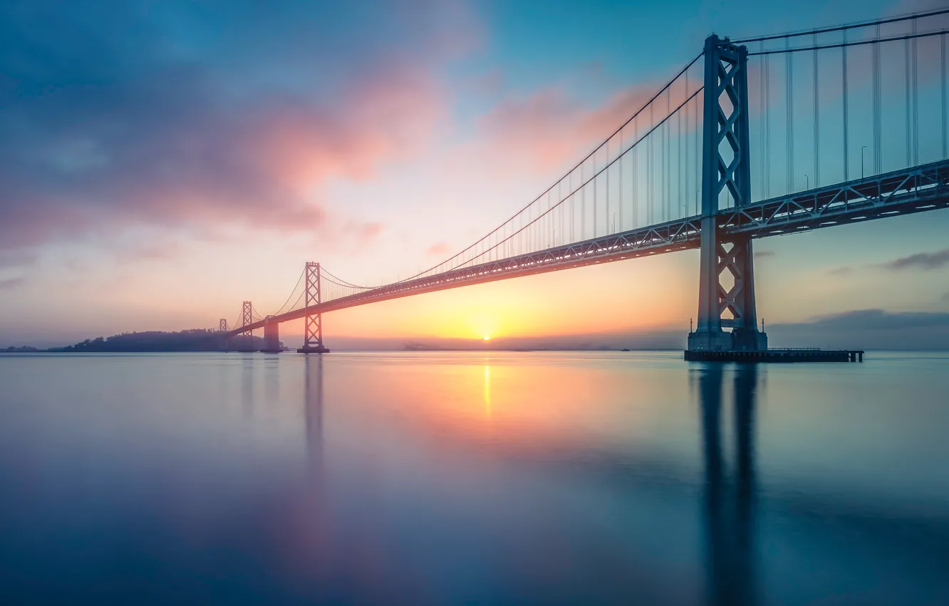 Photo wallpaper the sky, the sun, clouds, sunset, bridge, dawn, the evening, morning