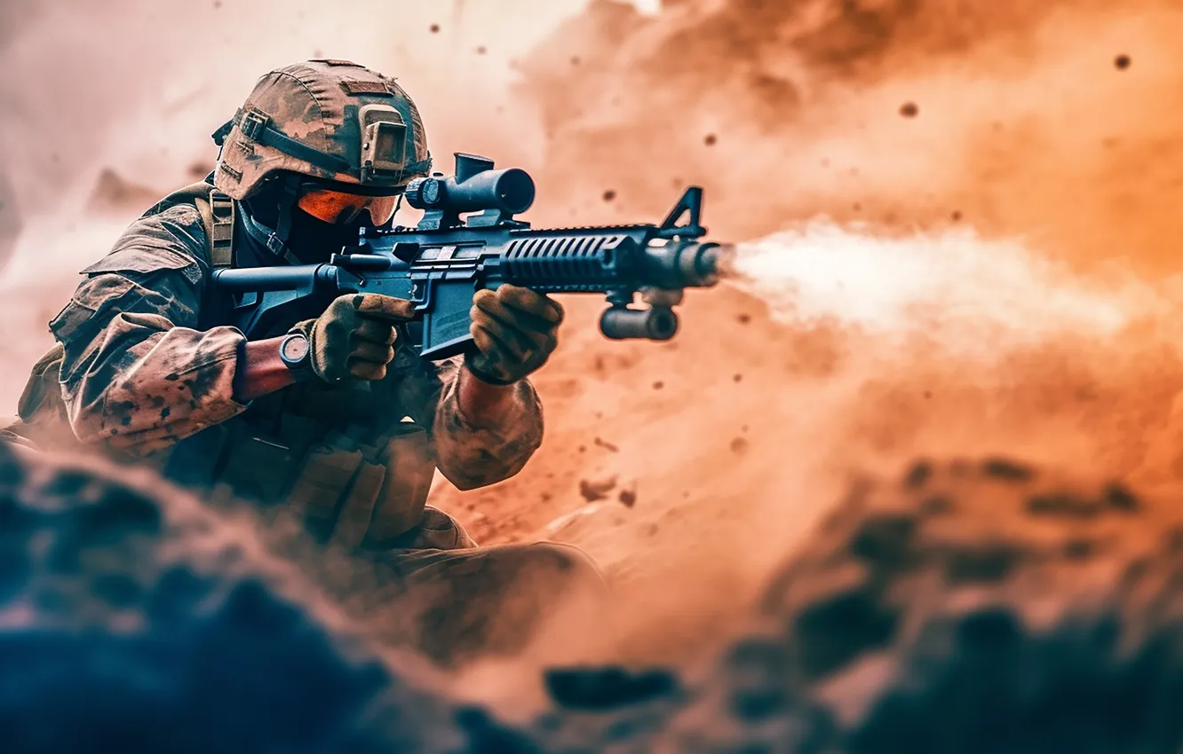 Photo wallpaper shot, soldiers, machine, male, equipment, helmet, digital art, AI art