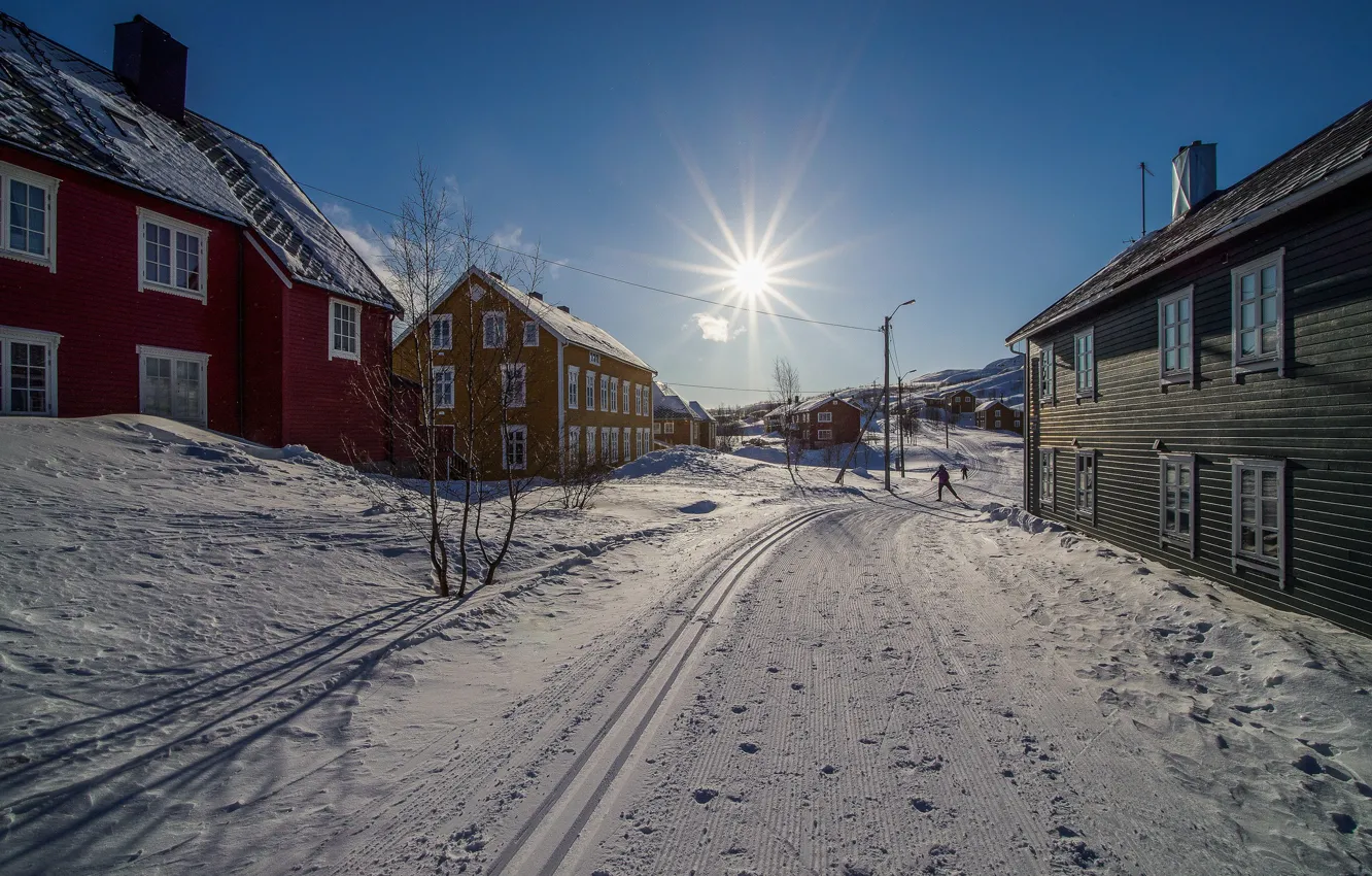 Photo wallpaper winter, snow, street, village, Norway