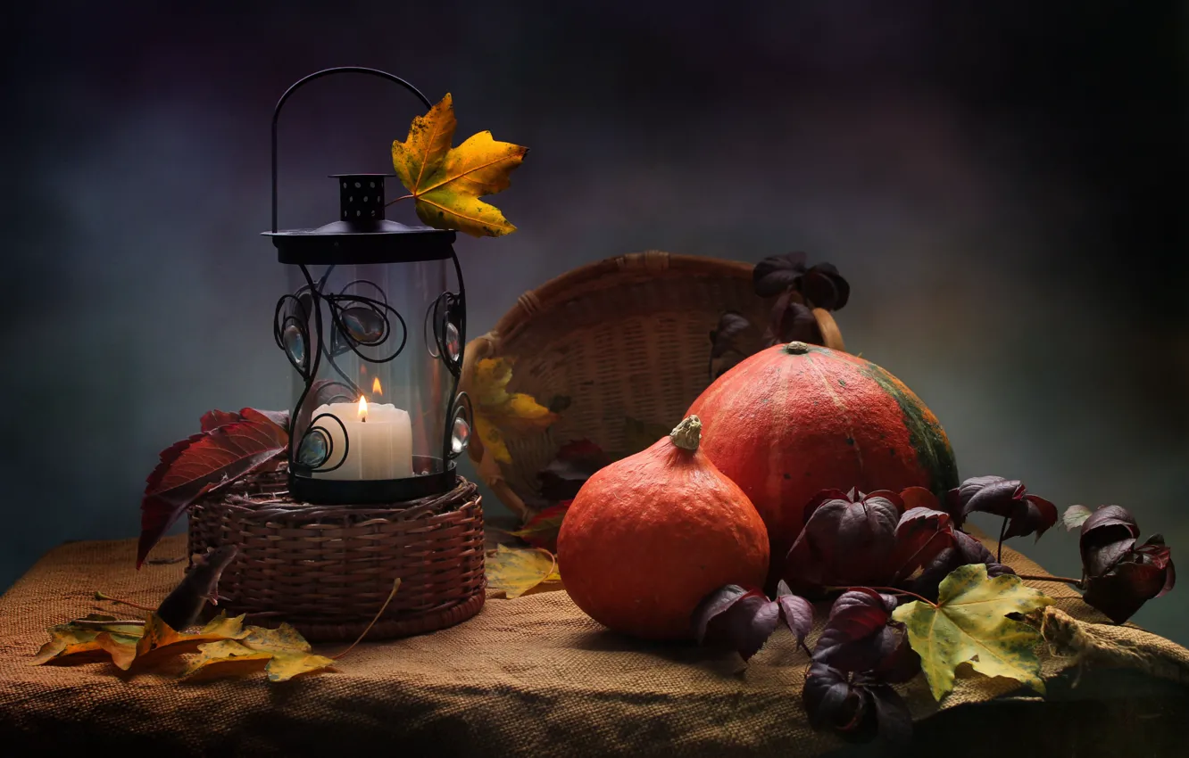 Photo wallpaper autumn, leaves, candle, pumpkin