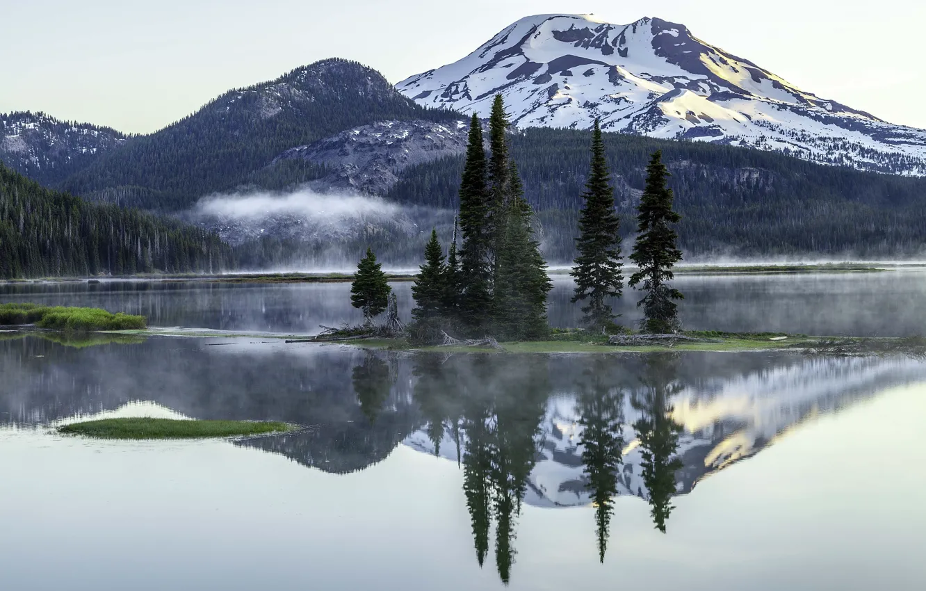 Photo wallpaper mountains, fog, Lake, Oregon, Sparks Lake