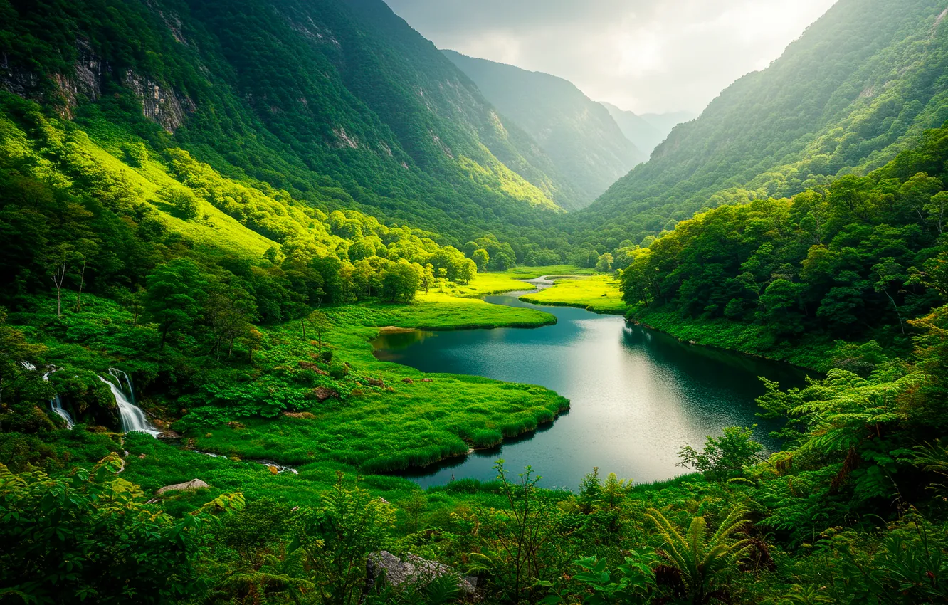 Photo wallpaper grass, trees, mountains, nature, lake, Wallpaper, waterfall, wallpaper