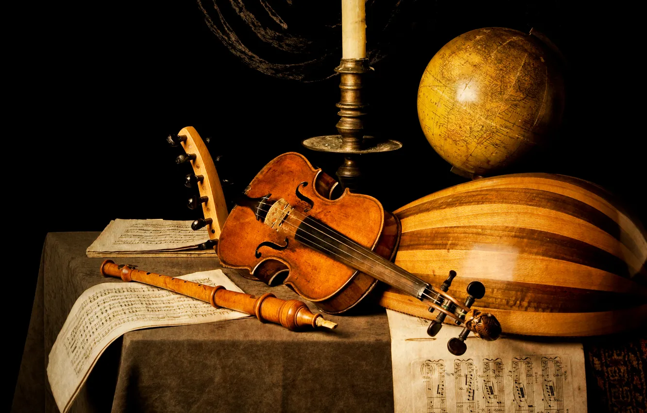 Photo wallpaper notes, table, violin, candle, flute, globe, Kevin Best