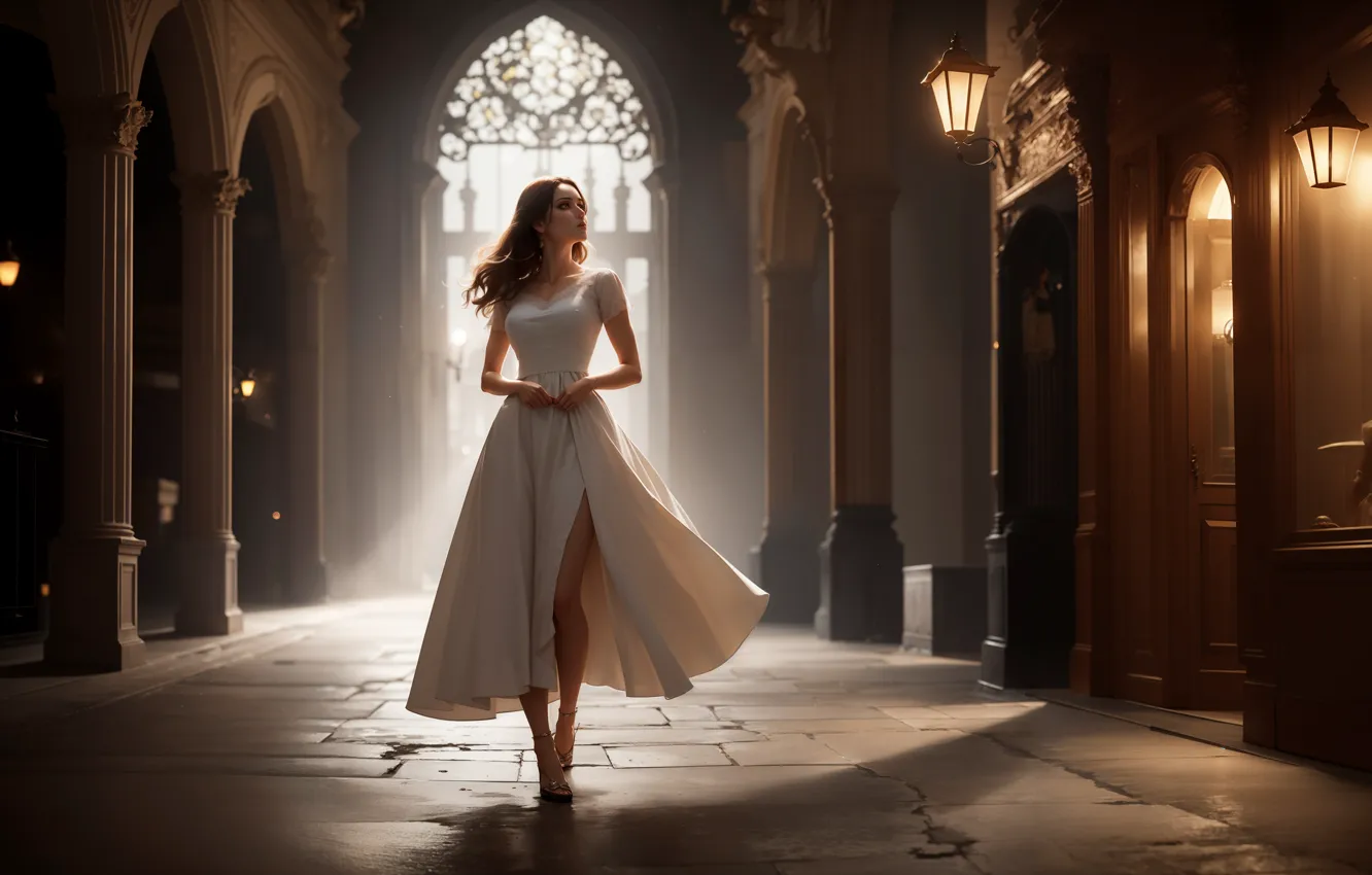 Photo wallpaper look, columns, rays of light, beautiful girl, the room, digital art, in a white dress, …