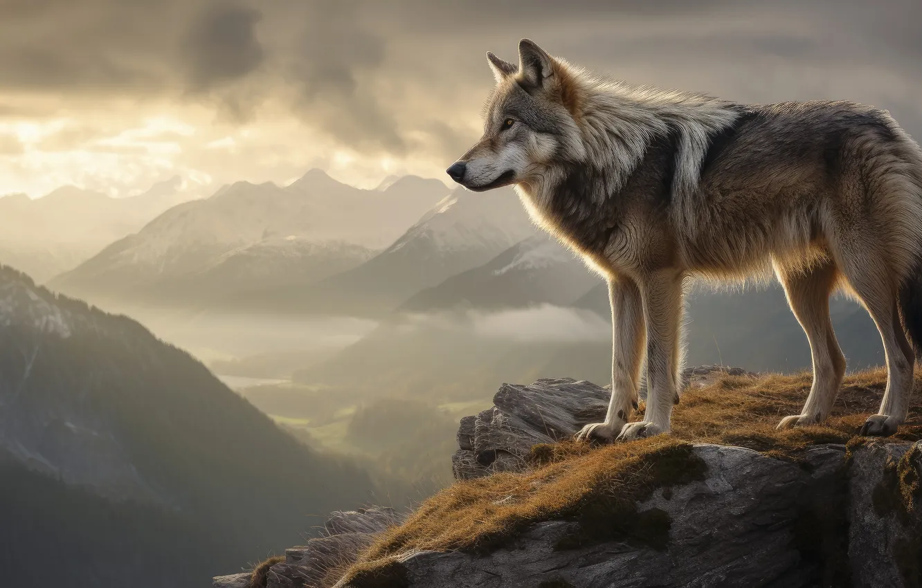 Photo wallpaper Mountains, Wolf, Predator, Side, Digital art, AI art, The Art of Artificial Intelligence, Neural network
