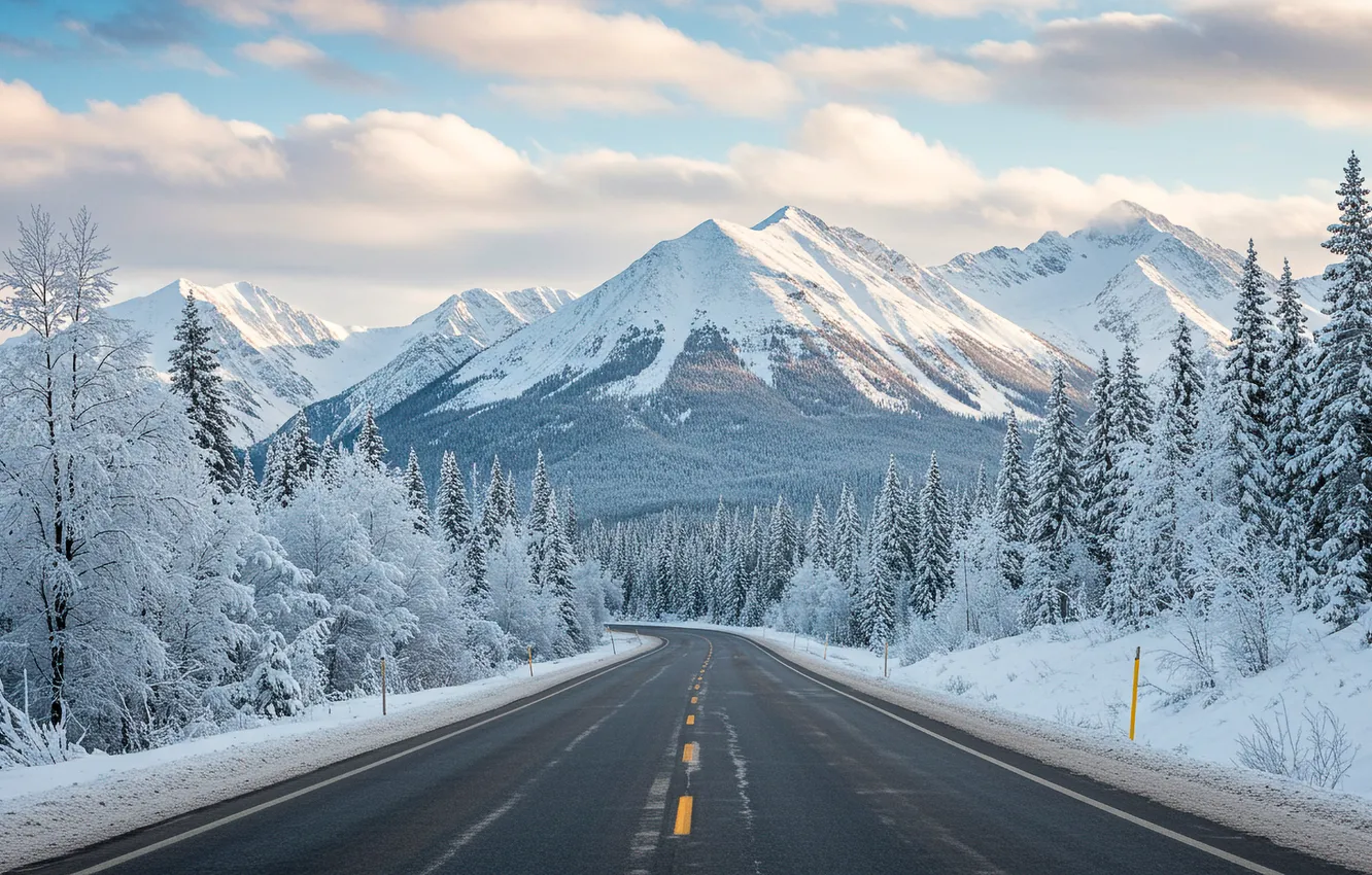 Photo wallpaper winter, road, forest, snow, mountains