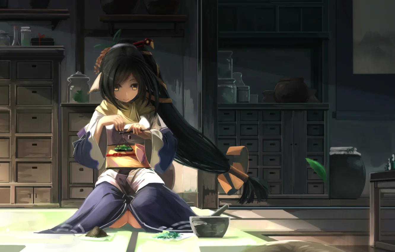 Photo wallpaper girl, room, art, banks, Libra, sitting, kikivi, kuon