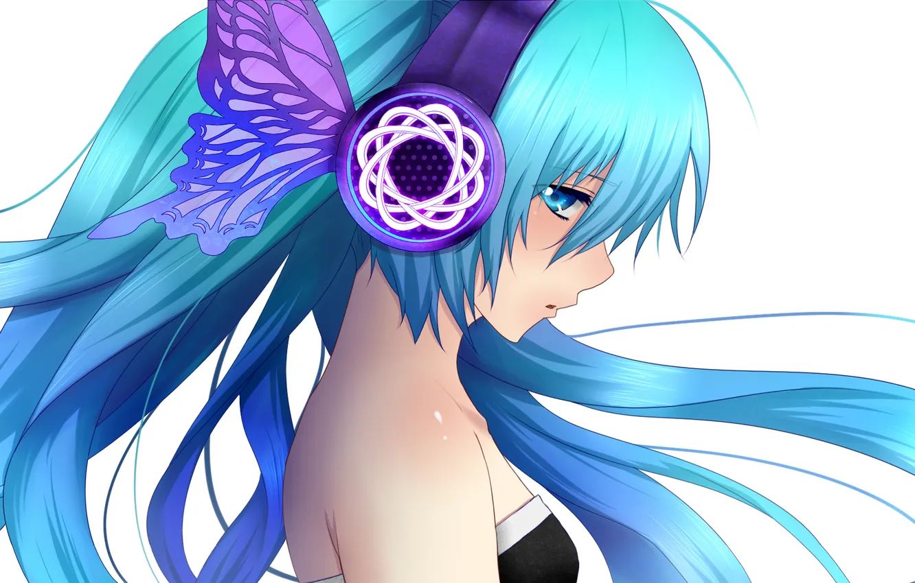 Photo wallpaper girl, butterfly, wings, headphones, art, vocaloid, hatsune miku, Vocaloid