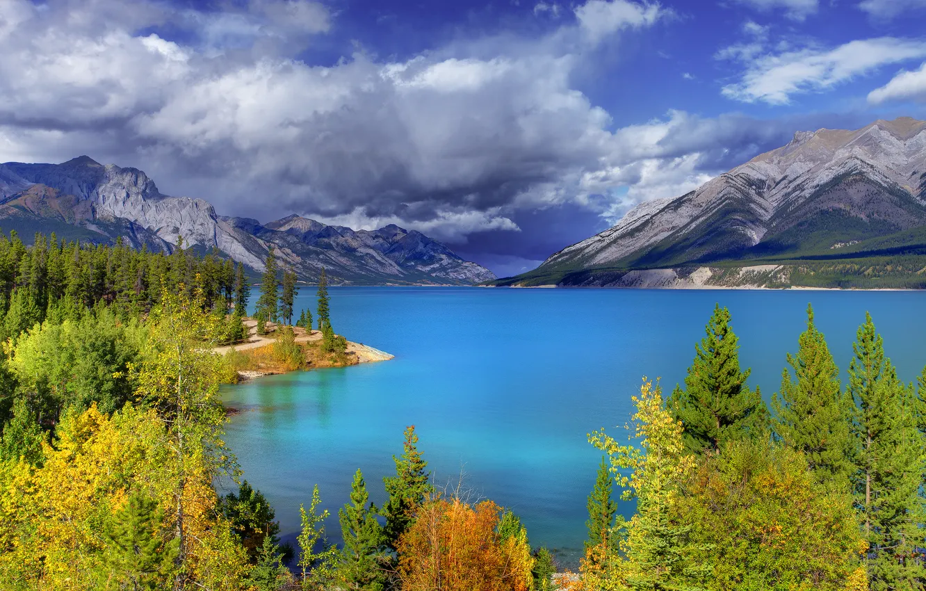 Photo wallpaper autumn, the sky, clouds, trees, mountains, lake, Banff National Park, Alberta