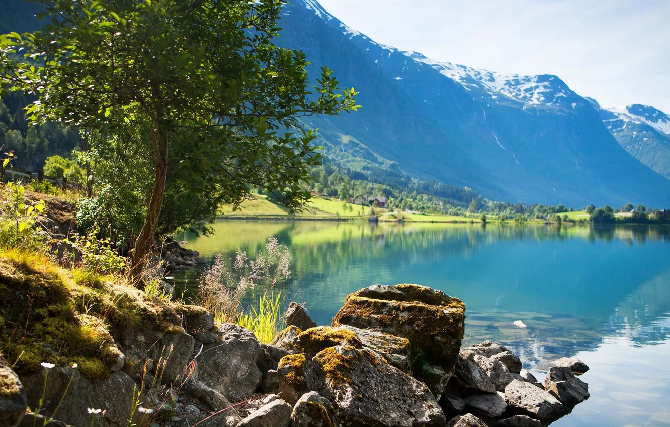 Photo wallpaper the sky, trees, landscape, mountains, lake, surface, stones, shore