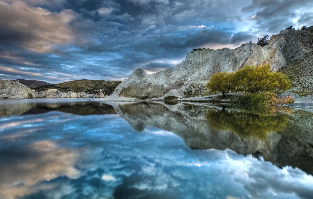 Photo wallpaper the sky, clouds, trees, mountains, lake, reflection, hdr