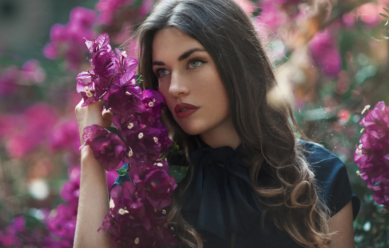 Photo wallpaper flower, girl, face, hair, portrait, bougainvillea