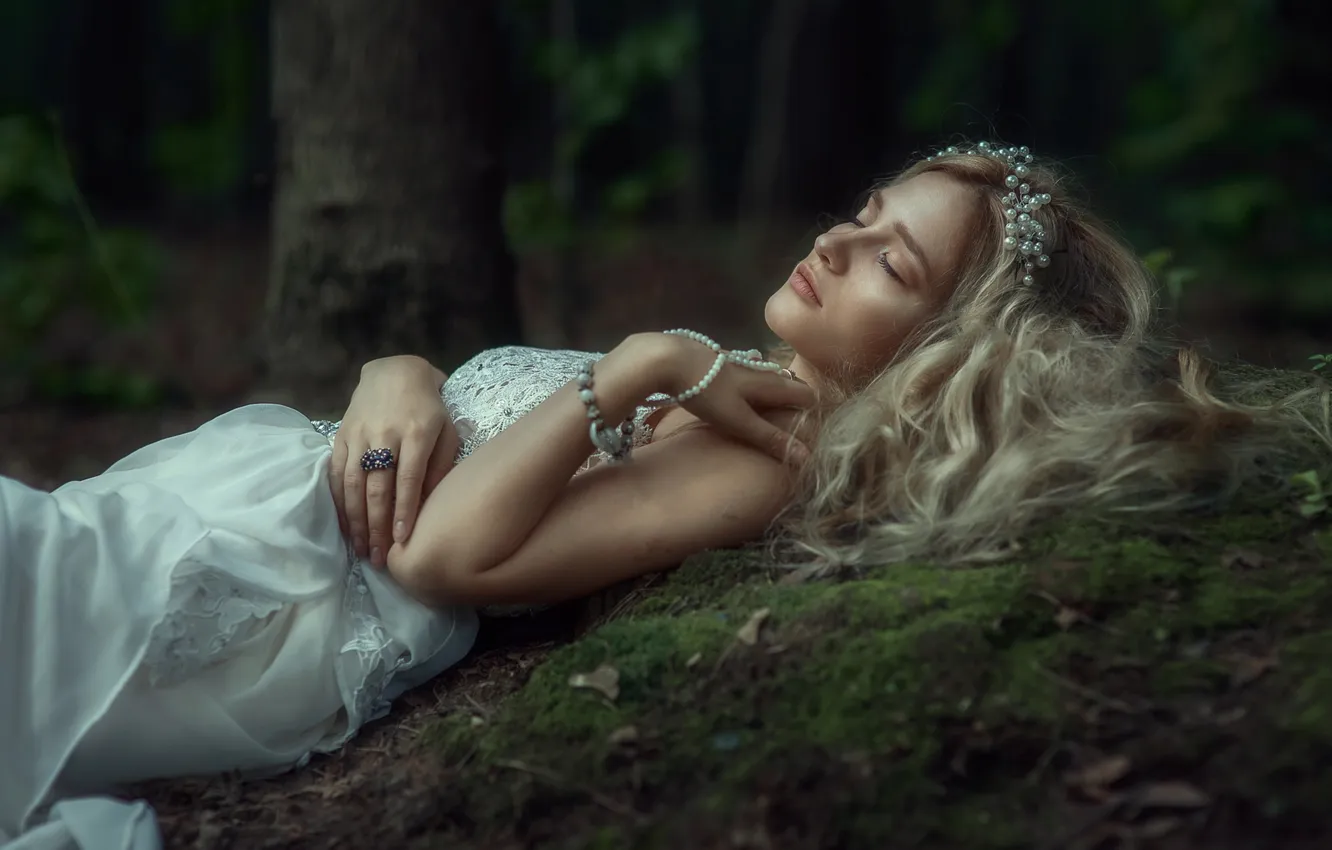 Photo wallpaper girl, nature, pose, fantasy, blonde, lies, white dress, Princess
