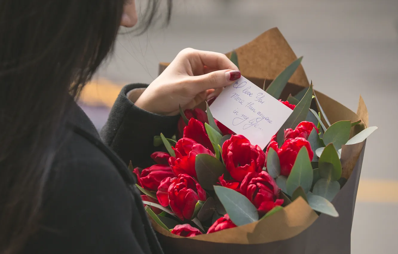 Photo wallpaper girl, love, flowers, bouquet, tulips, note