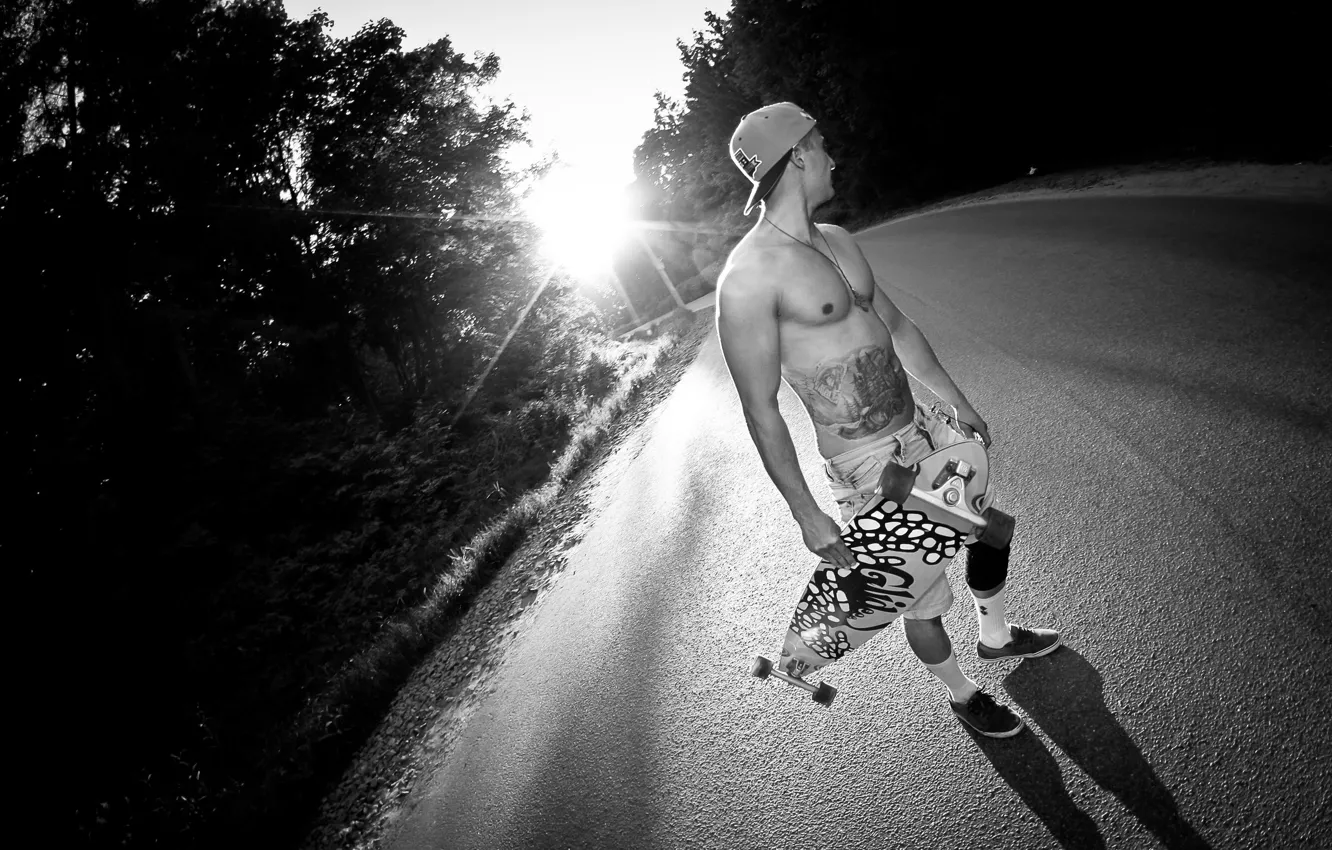 Photo wallpaper road, chest, rays, Board, male, cap, guy, skate