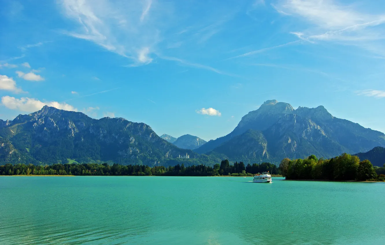 Photo wallpaper trees, mountains, river, castle, Germany, Bayern, ferry, Germany