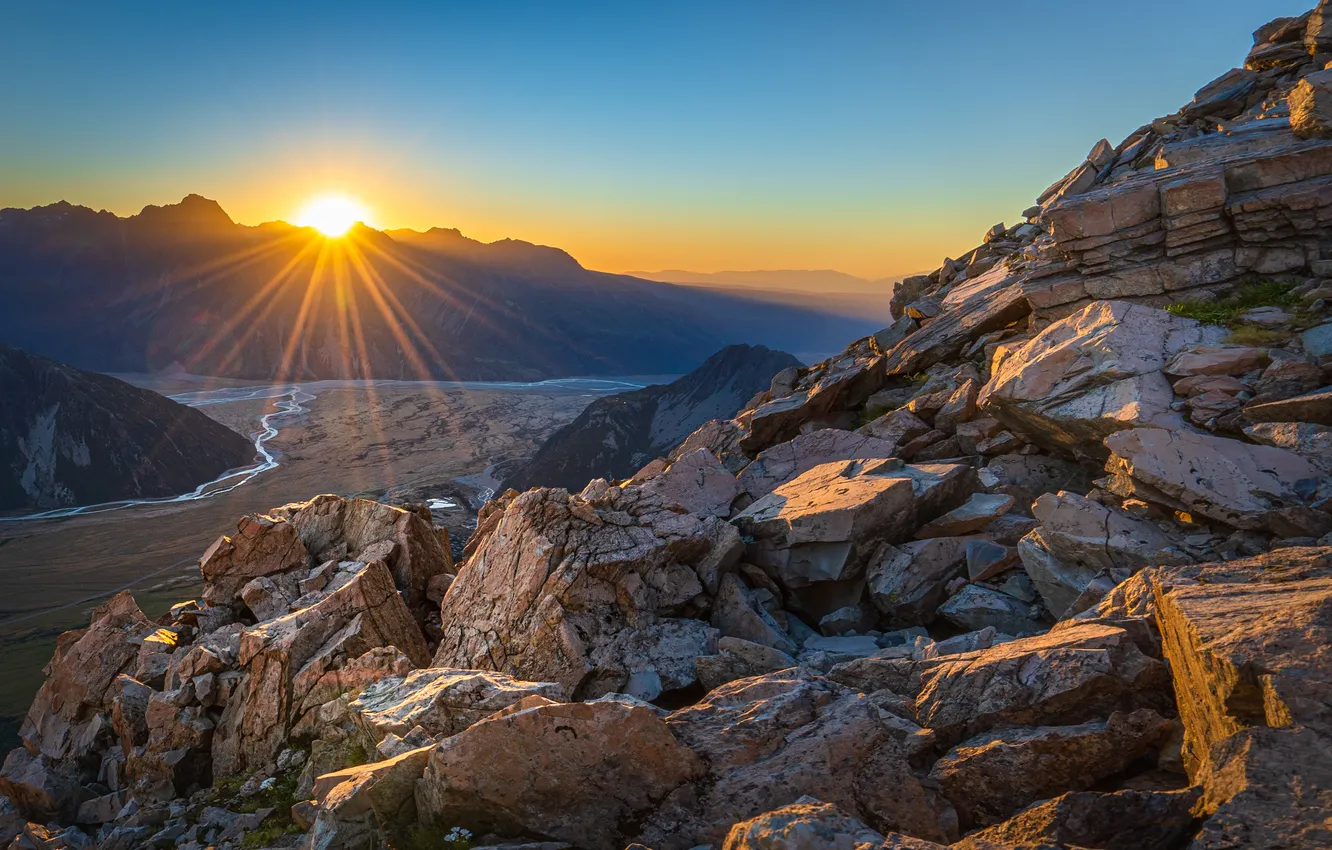 Photo wallpaper the sun, mountains, rocks, Sunrises and sunsets