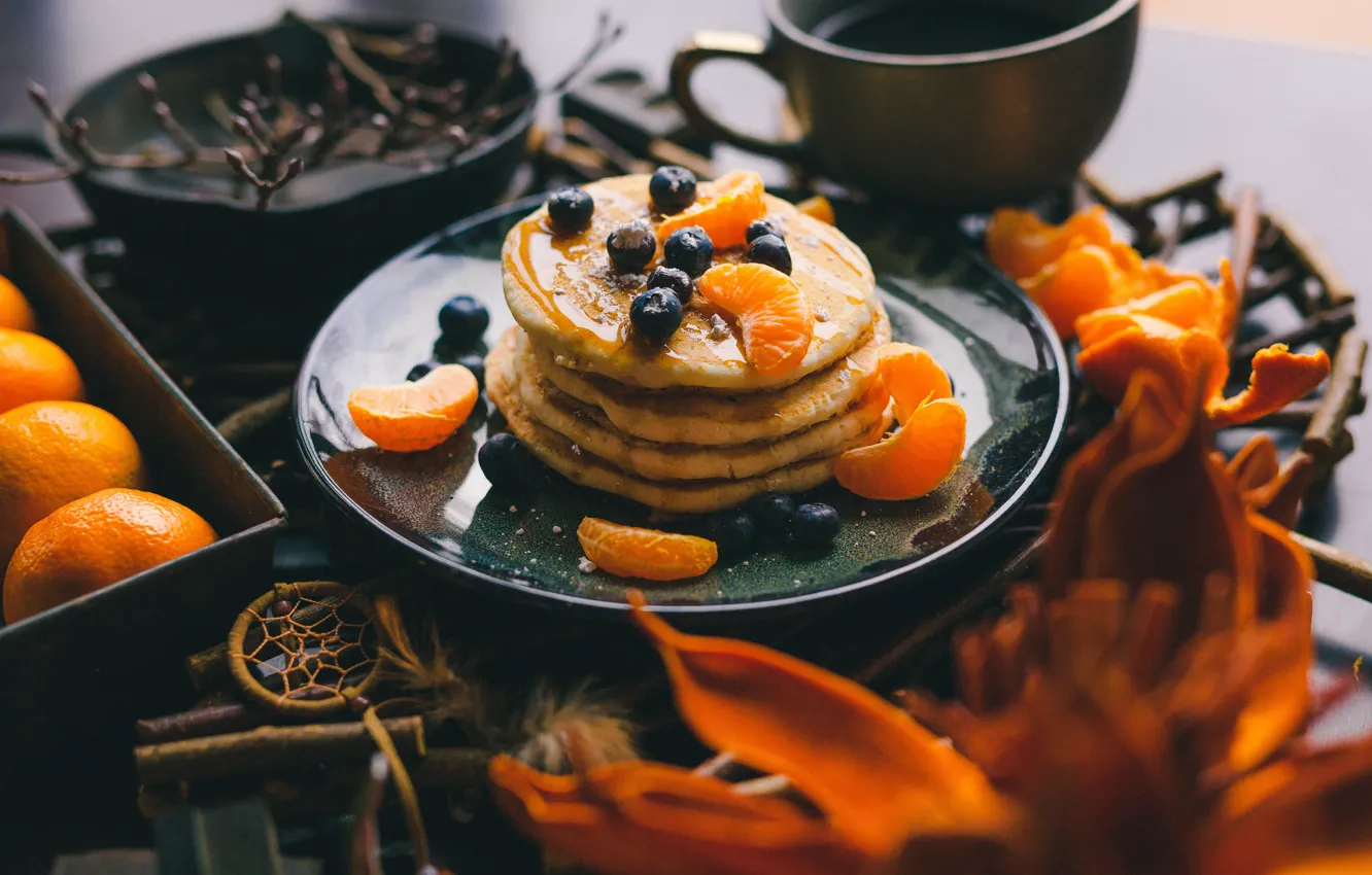 Photo wallpaper berries, blueberries, honey, tangerines, pancakes, pancake