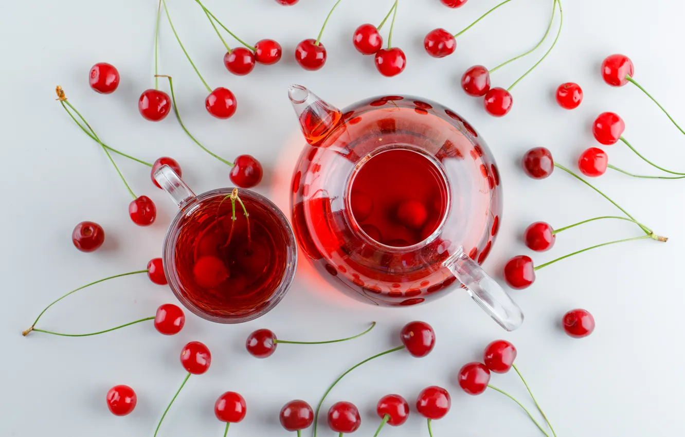 Photo wallpaper glass, cherry, berries, tea, kettle, cherry, Cup, placer