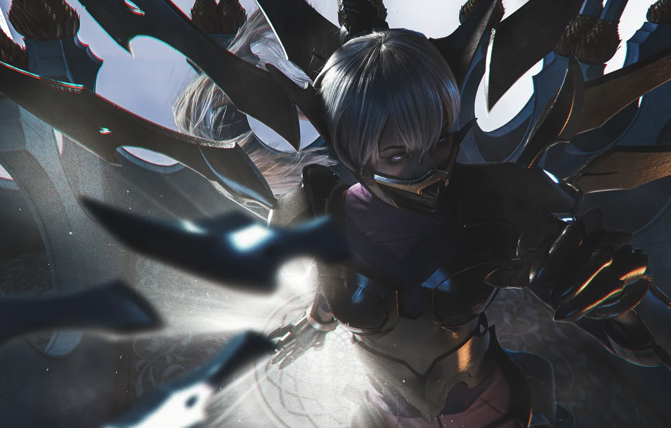 Photo wallpaper girl, weapons, armor, mask, League of Legends, Irelia