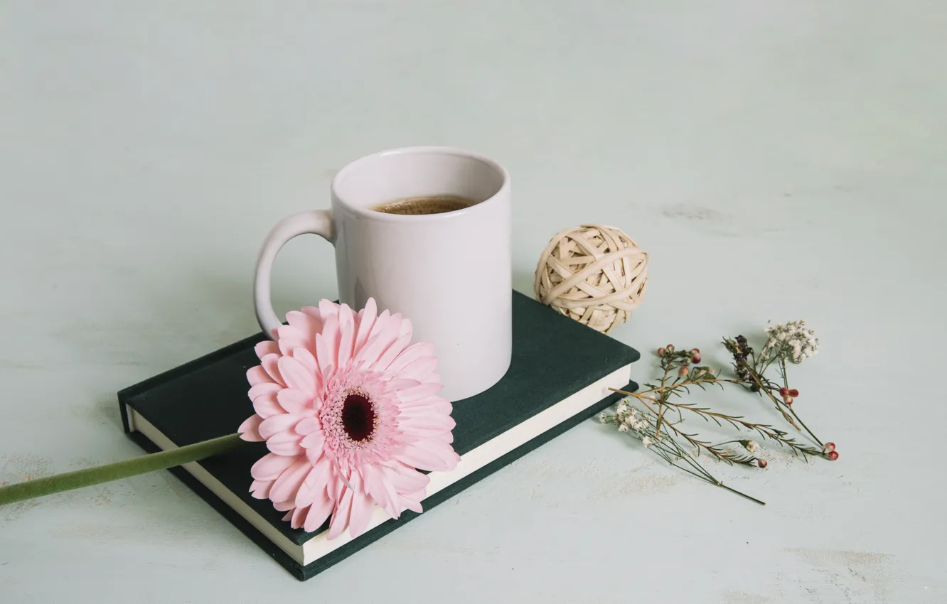 Photo wallpaper Flower, Book, Gerbera, Tea