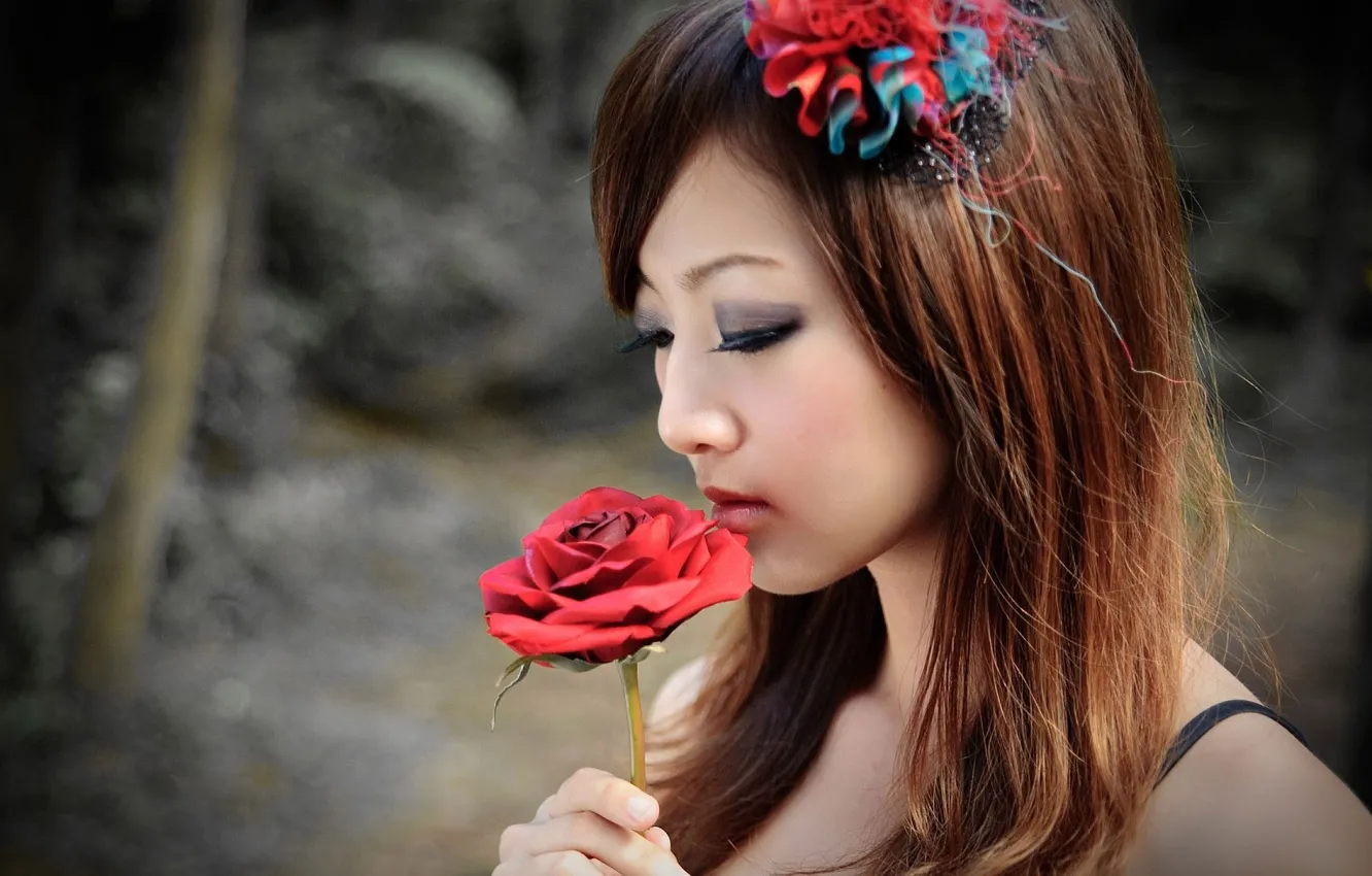 Photo wallpaper girl, model, brunette, asian, cute, What, Zhang Kaijie, Red rose