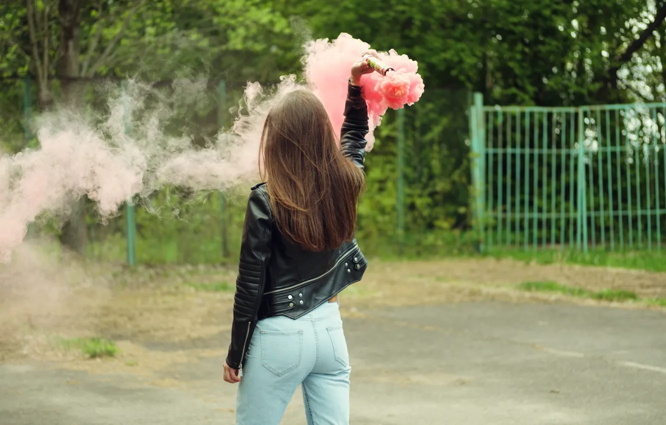 Photo wallpaper model, hair, jeans, Nastya, smoke bomb