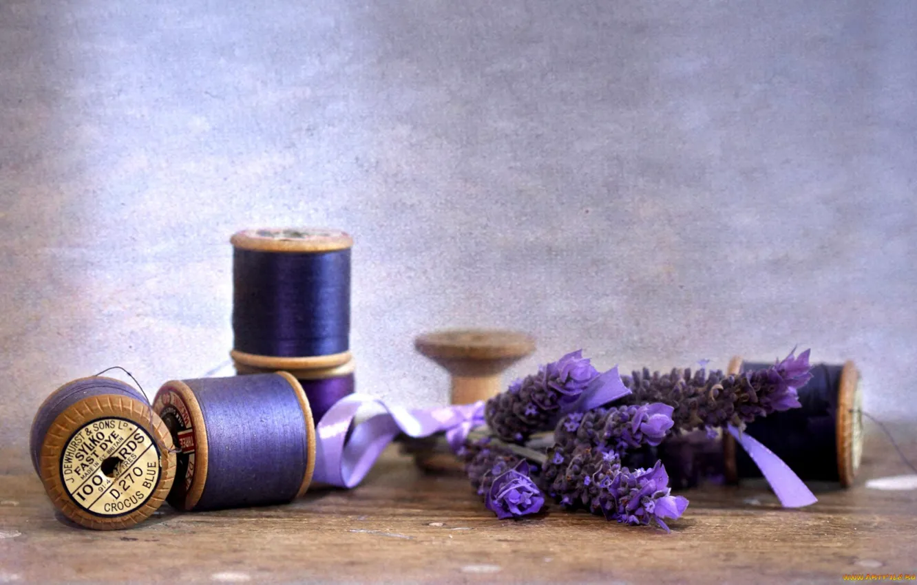 Photo wallpaper flowers, tape, thread, lavender, coil