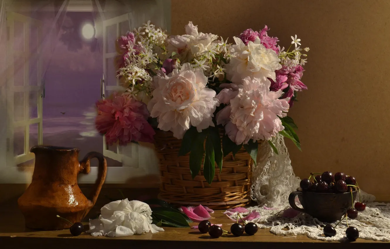 Photo wallpaper flowers, berries, basket, window, Cup, pitcher, still life, cherry