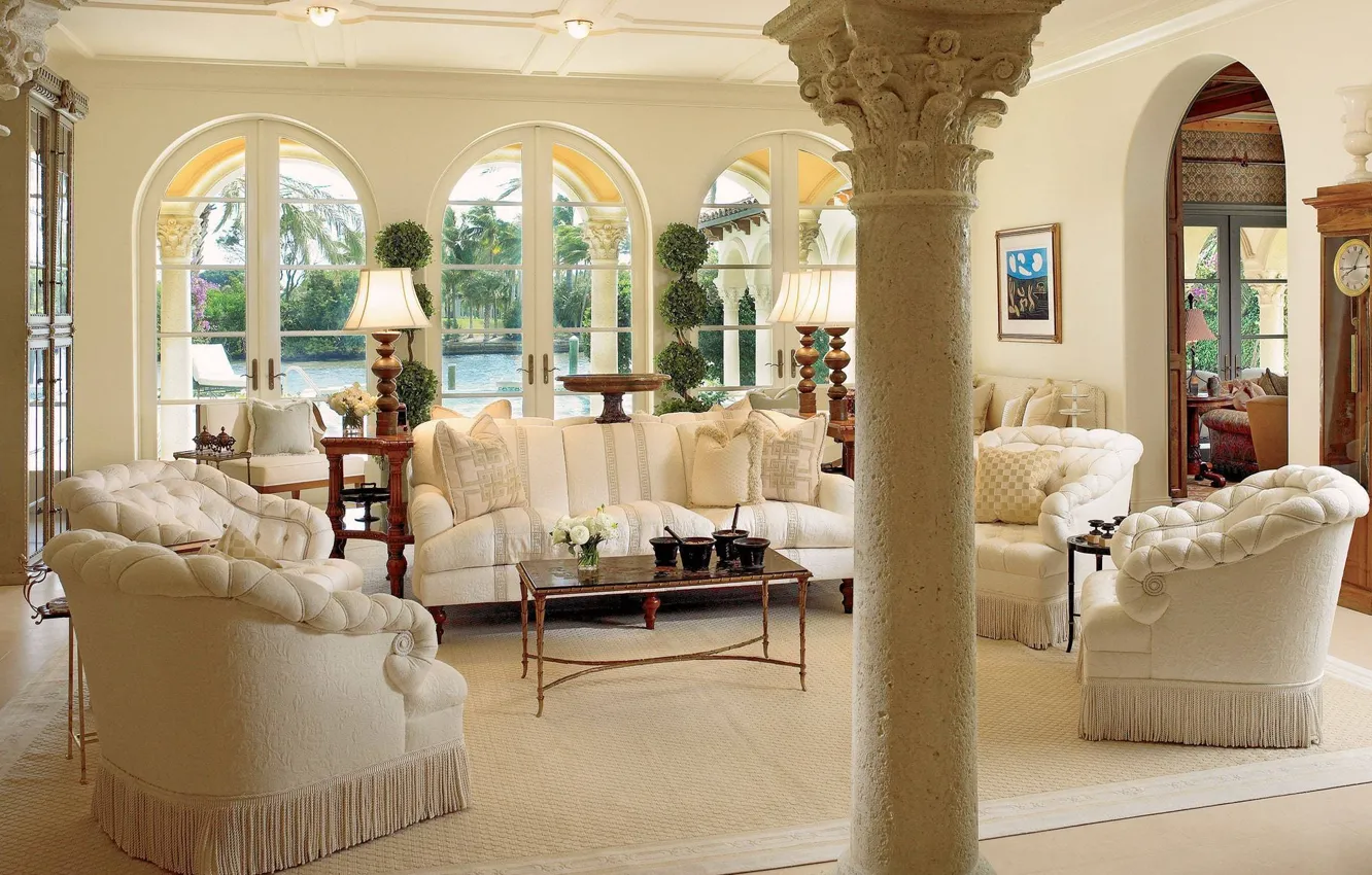 Photo wallpaper design, style, Villa, interior, pool, columns, terrace, living room