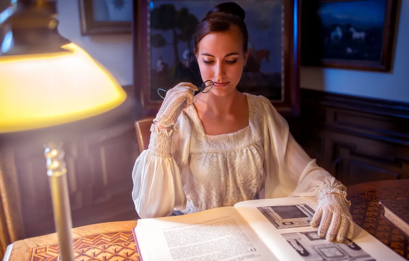 Photo wallpaper girl, table, room, lamp, dress, brunette, glasses, gloves