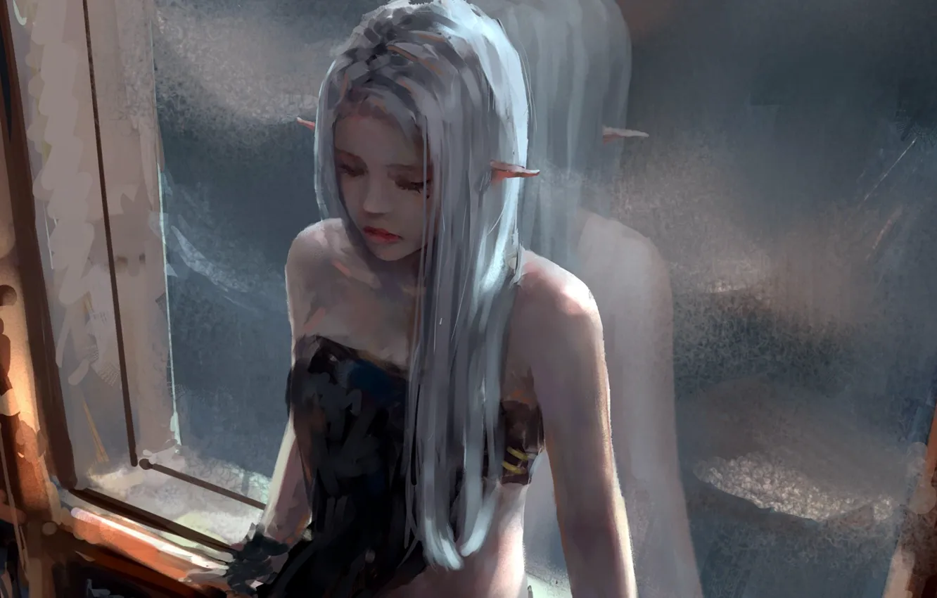 Photo wallpaper girl, fantasy, long hair, window, painting, elf, reflection, digital art