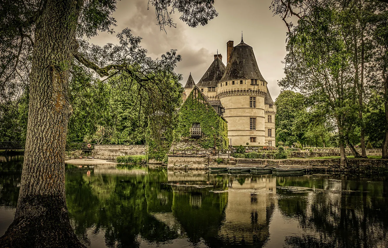 Photo wallpaper trees, branches, lake, pond, reflection, castle, shore, architecture