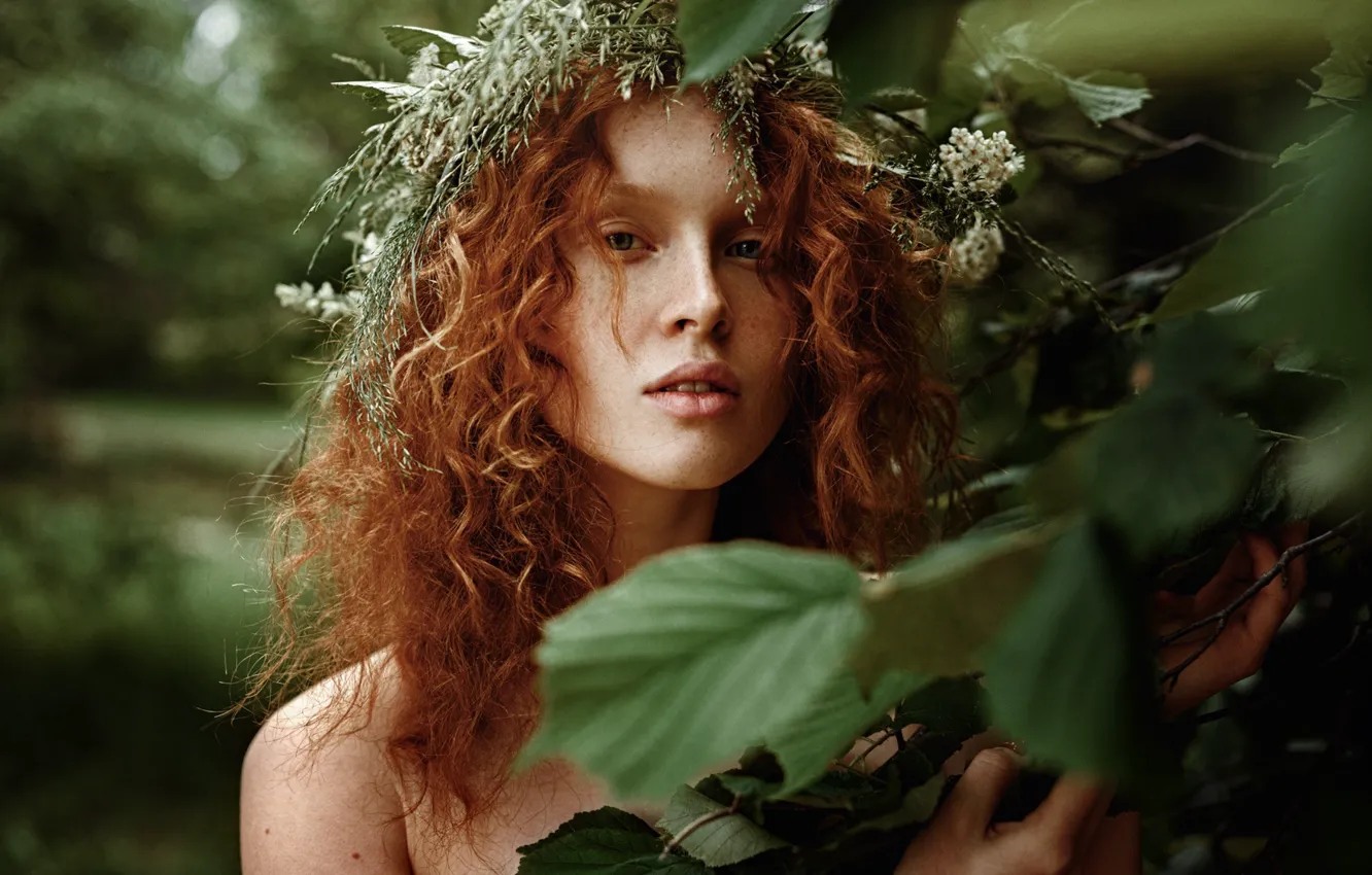 Photo wallpaper girl, close-up, foliage, portrait, redhead, George Chernyadev, Georgy Chernyadyev, Arina Bikbulatov