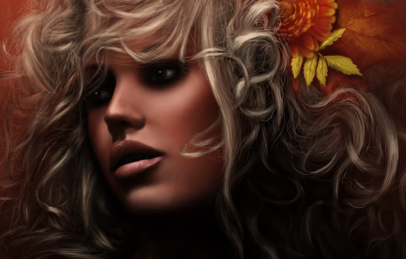 Photo wallpaper girl, flowers, face, hair, art, curls